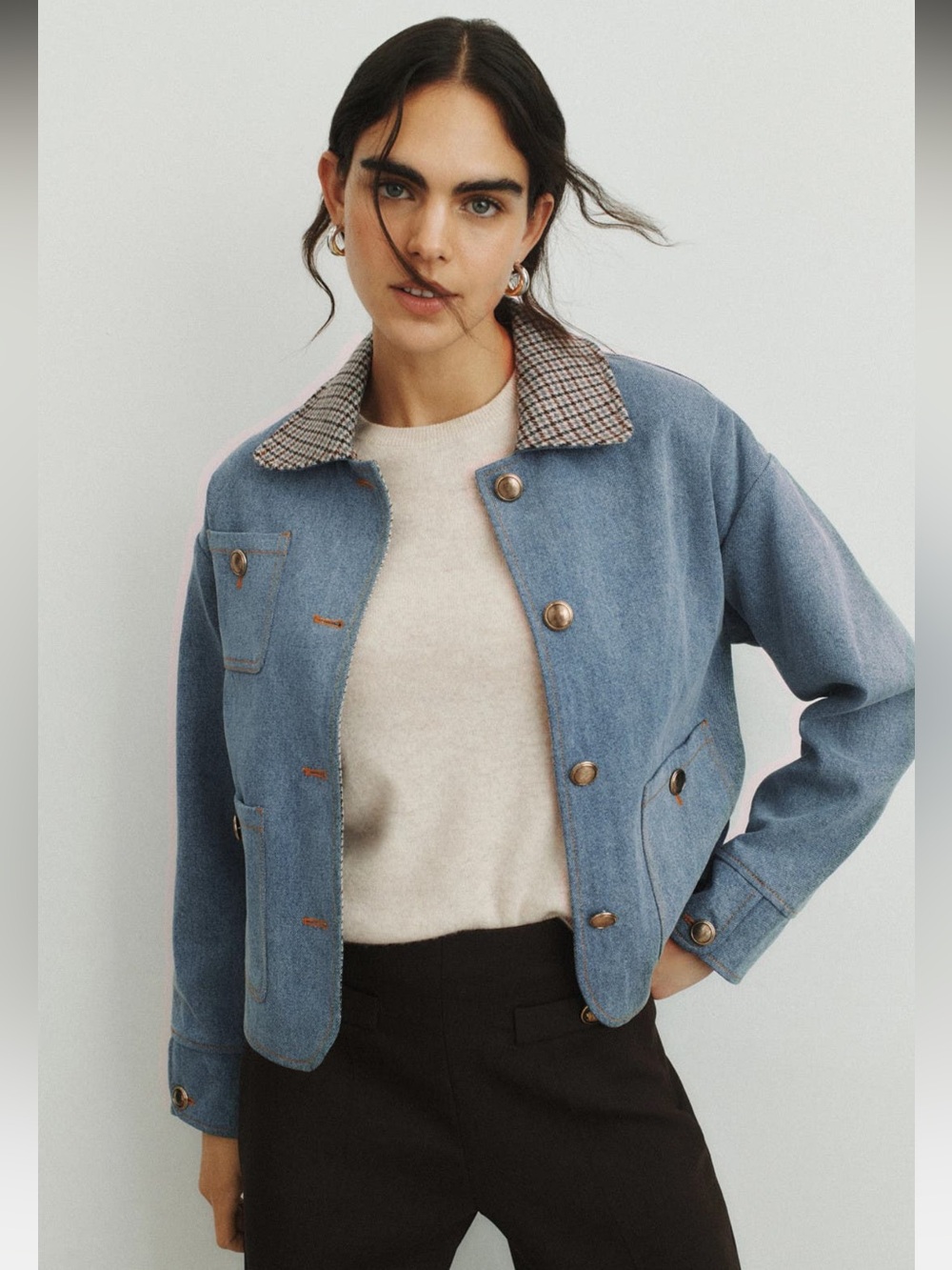 Sandro Denim Jacket w/ Contrast Tweed Collar Light Blue Size 36 (US 4) Fall